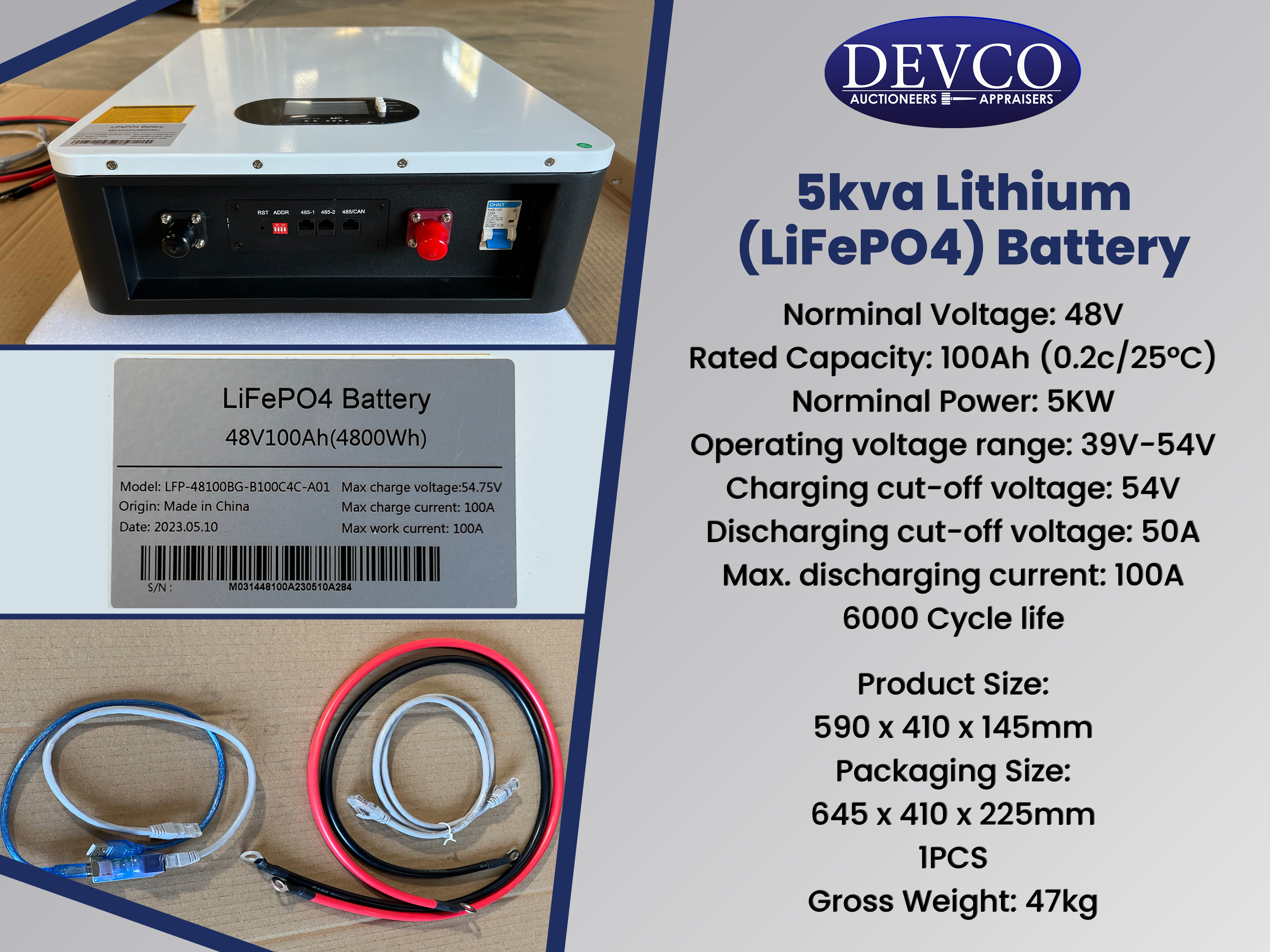 5Kva (48V) Lithium (LiFeP04) Wall Mounted Battery | Devco Auction